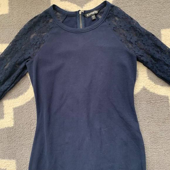 EXPRESS Navy Blue Lace Sleeve T-Shirt Dress - Picture 3 of 12